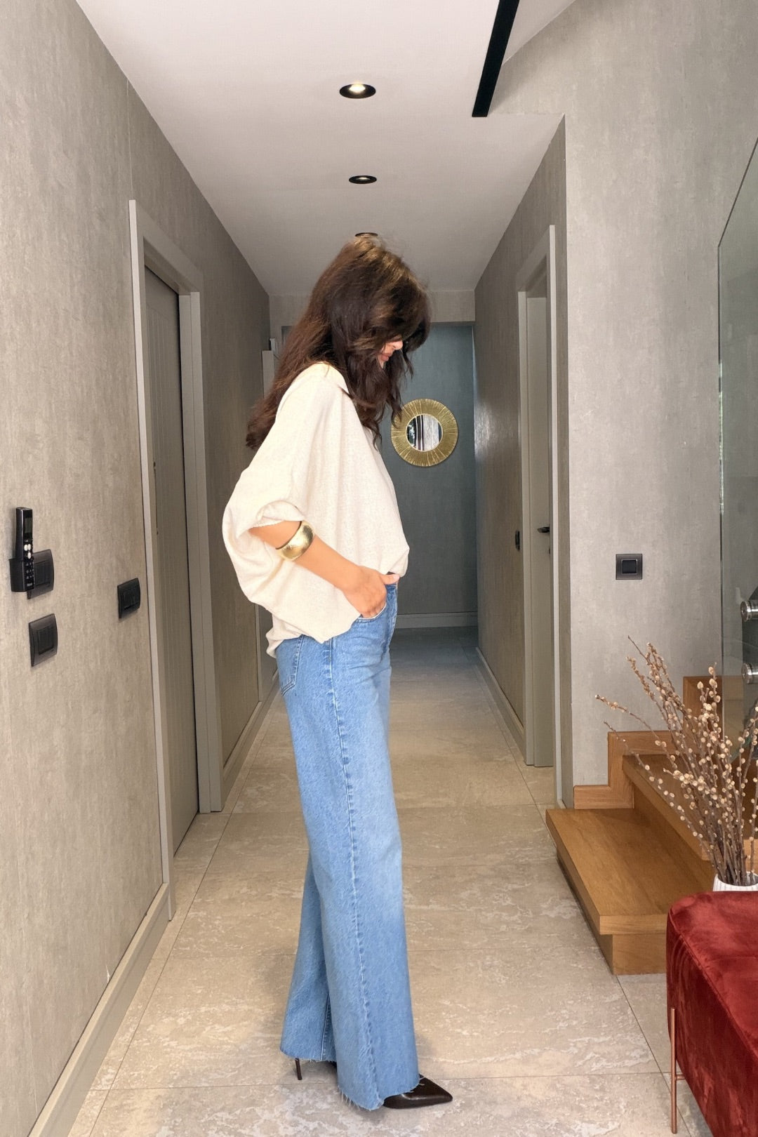 Buz Mavisi Kesik Paça Palazzo Jean Pantolon