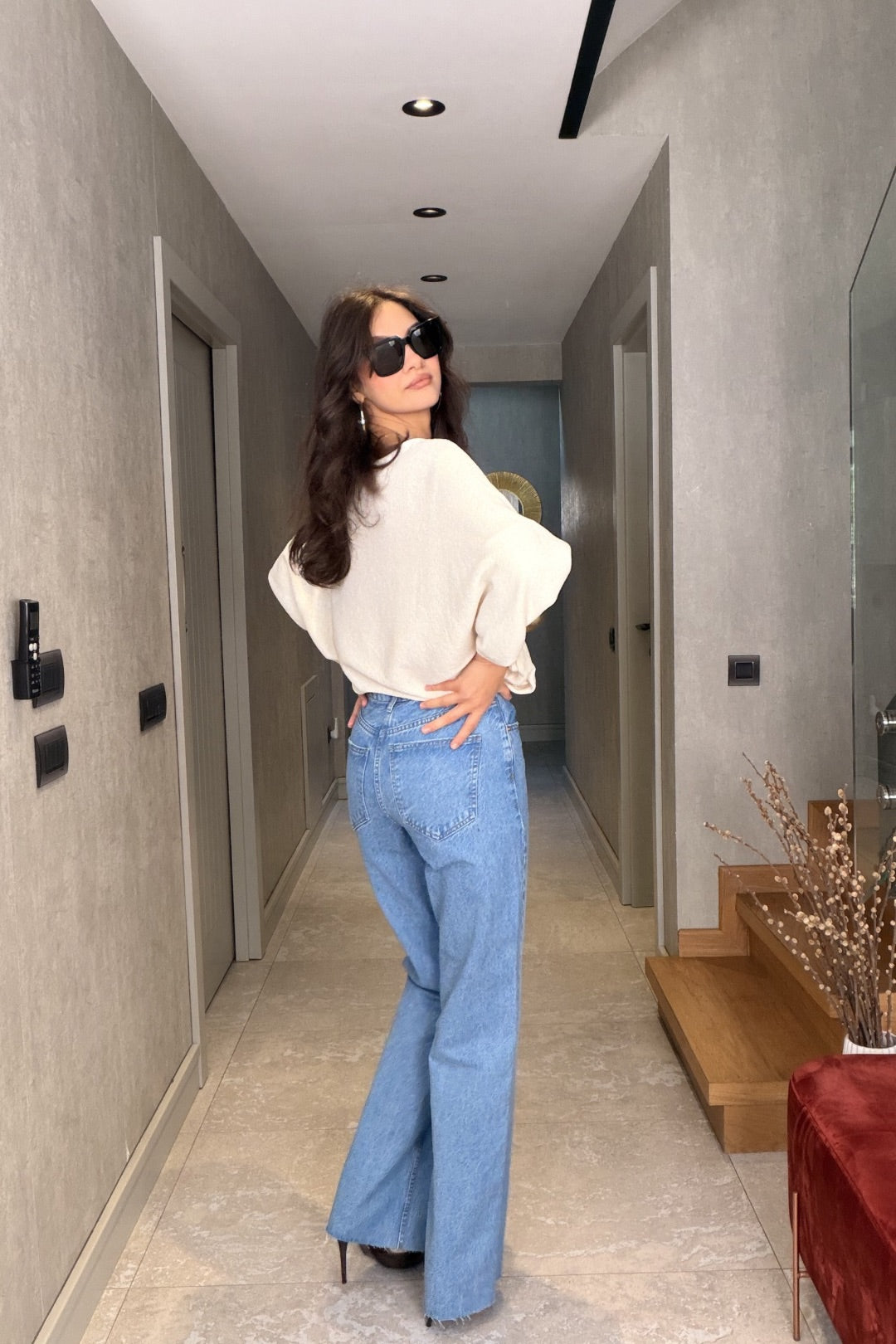 Buz Mavisi Kesik Paça Palazzo Jean Pantolon