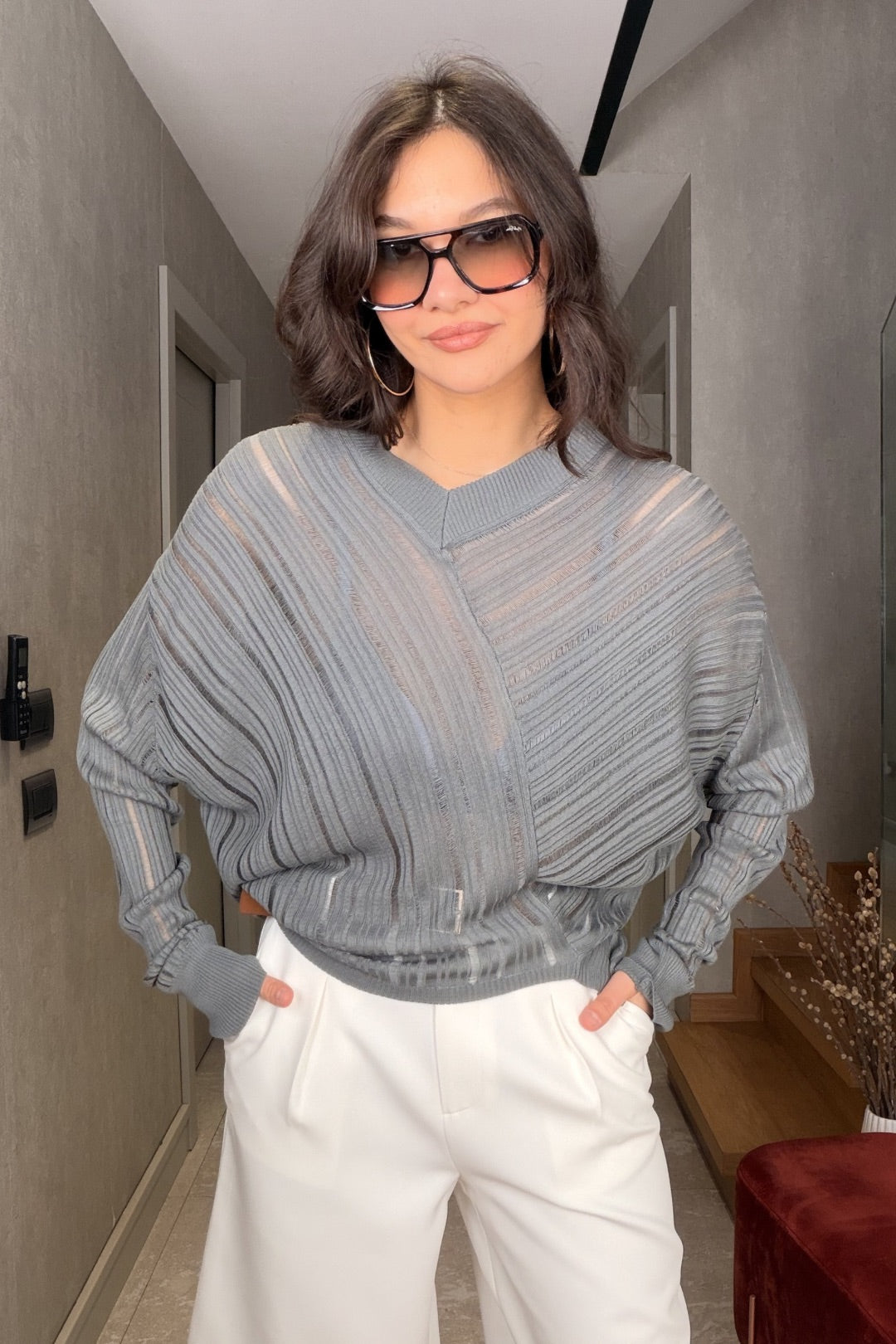 Gri Asimetrik Merserize Bluz