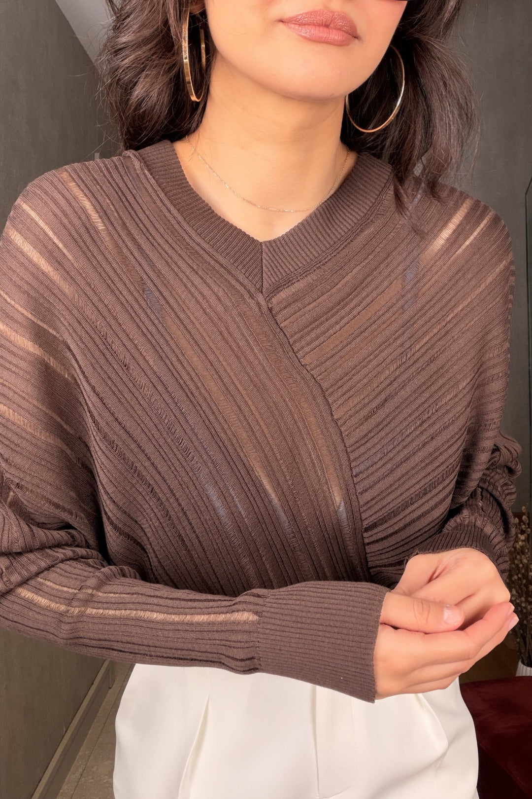 Kahverengi Asimetrik Merserize Bluz