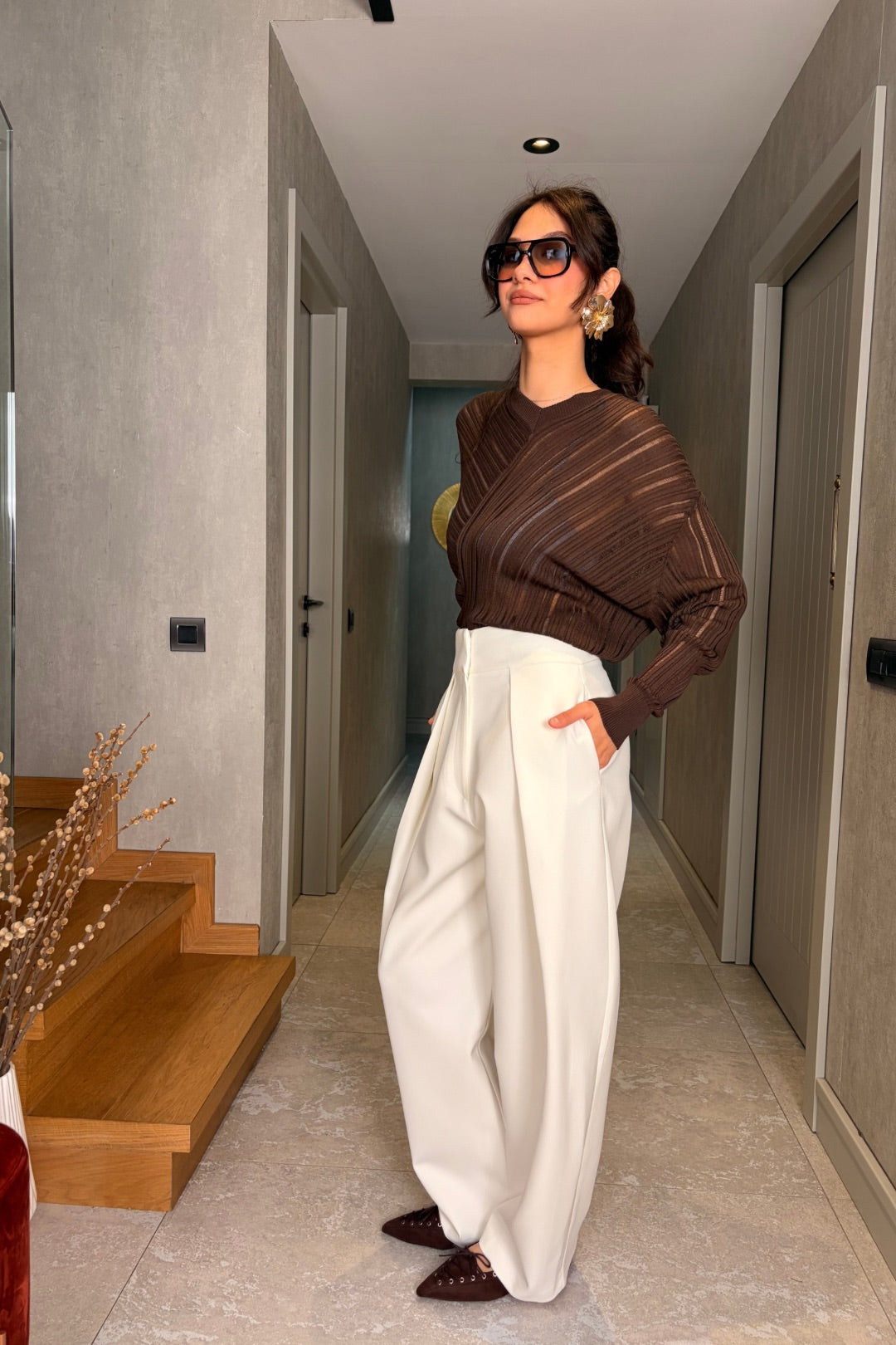 Beyaz Yüksek Bel Pantolon