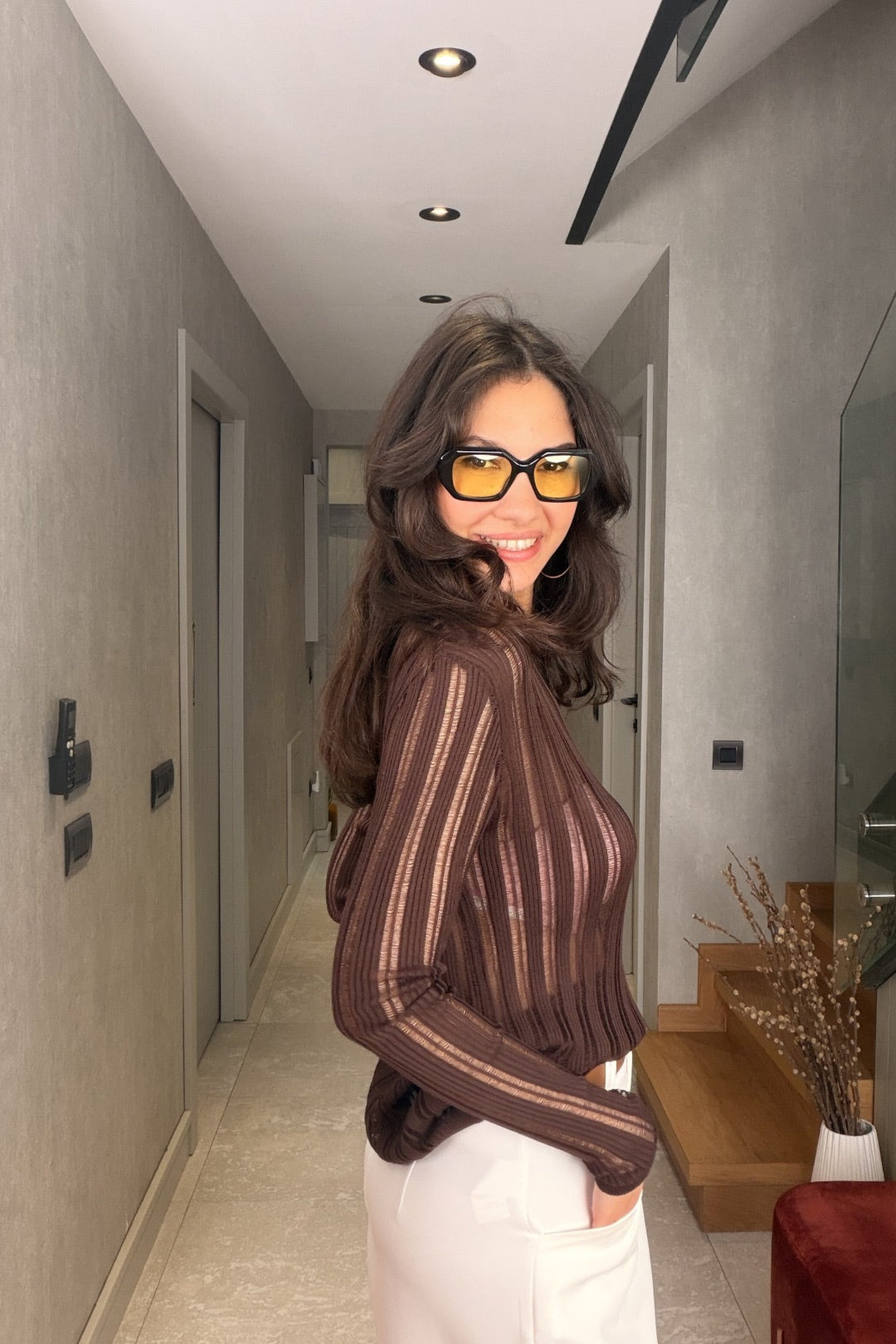 Kahverengi Çizgili Merserize Bluz