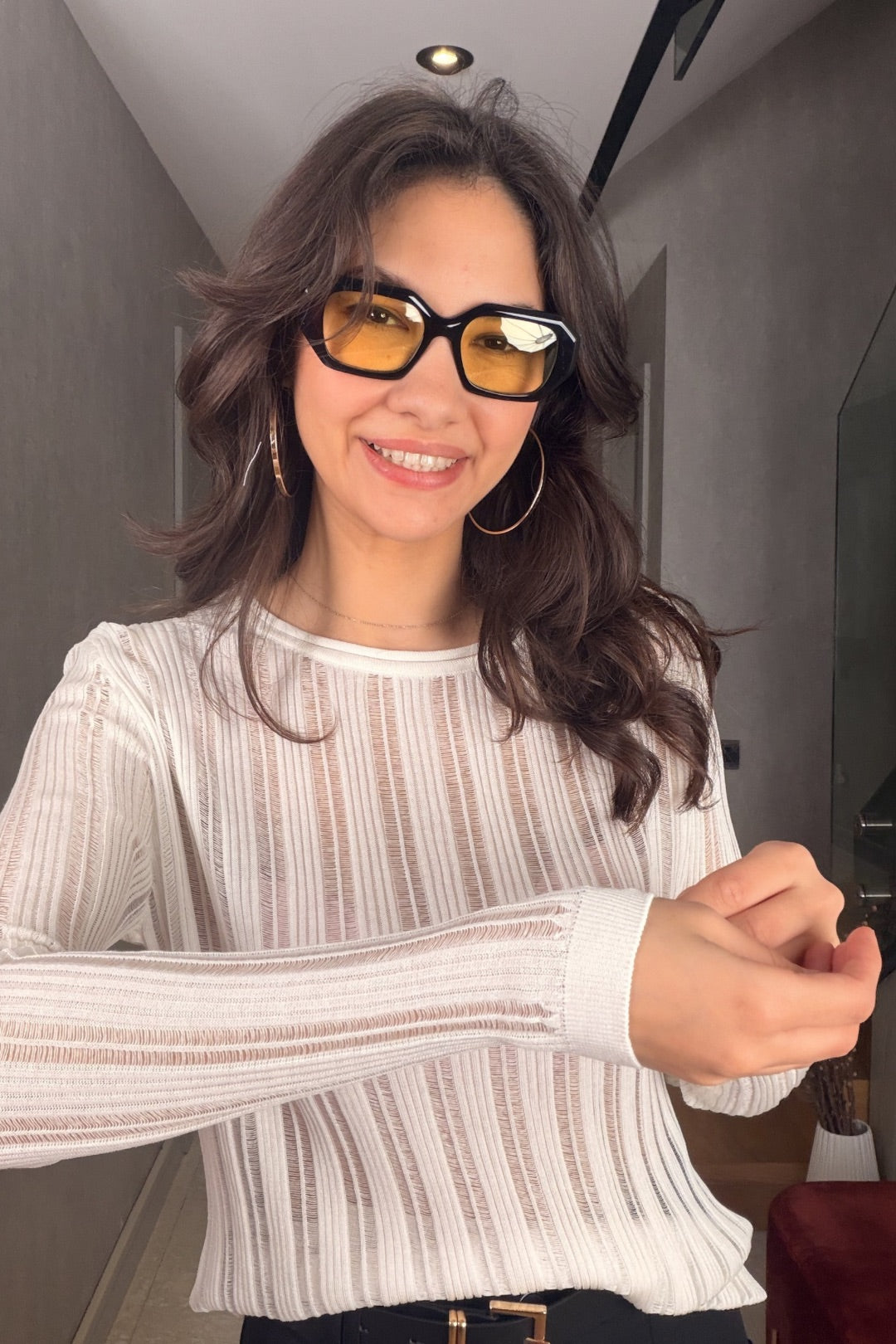 Ekru Çizgili Merserize Bluz