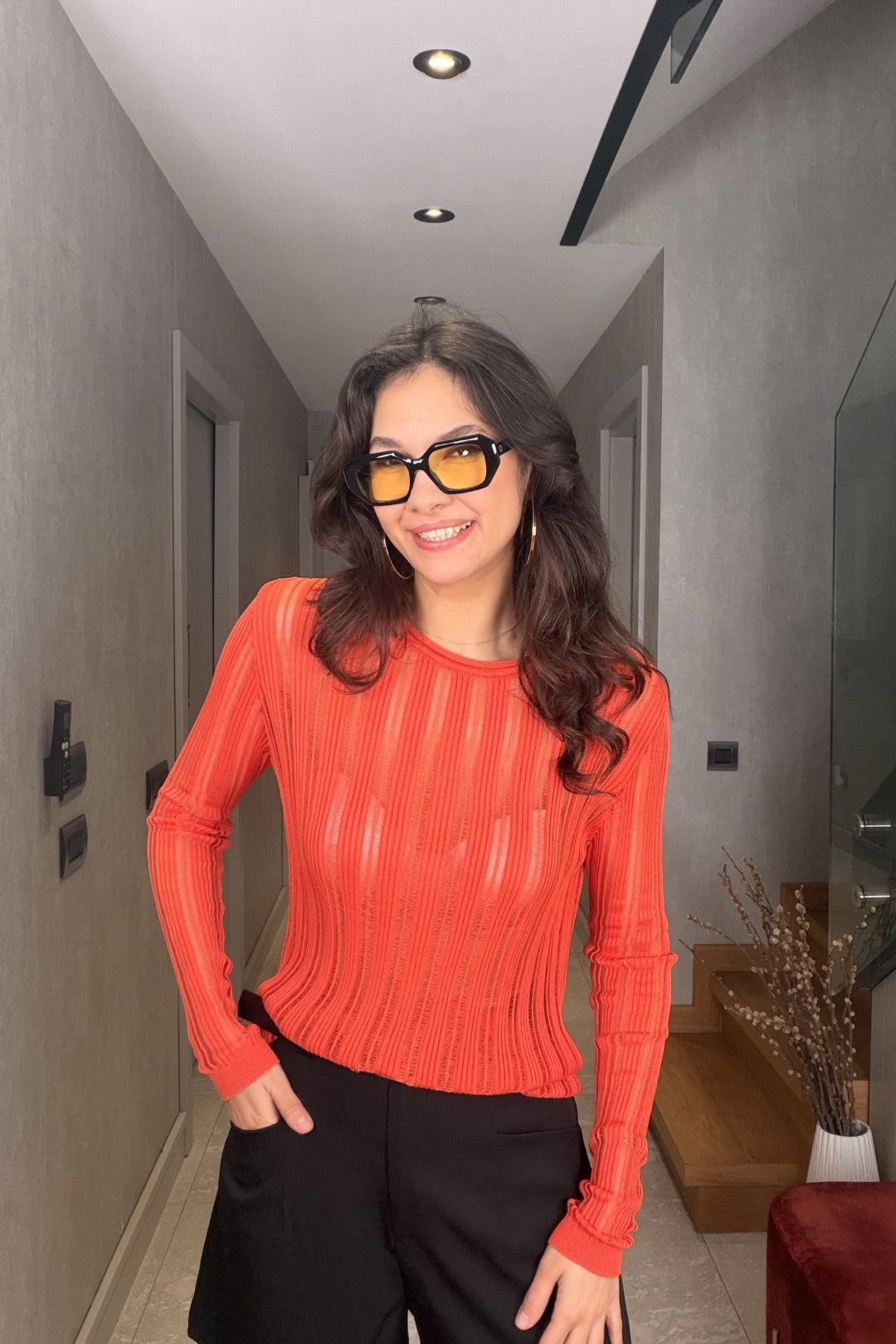 Turuncu Çizgili Merserize Bluz