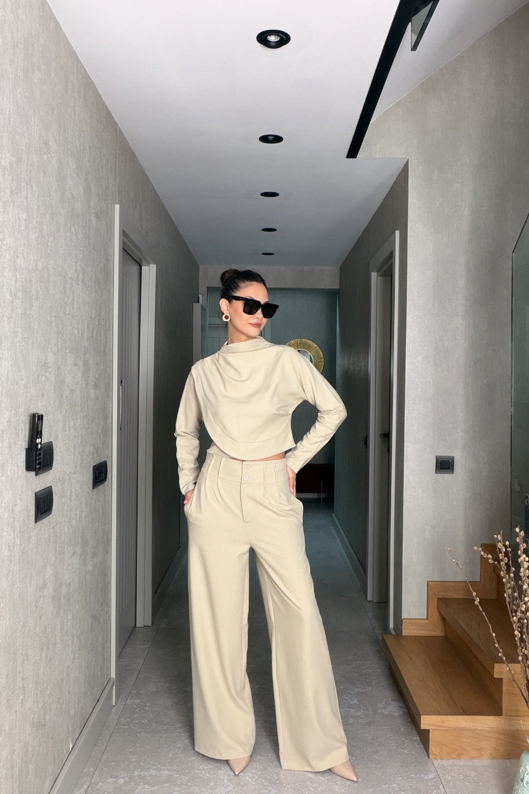 Bej Bluz Pantolon Takım