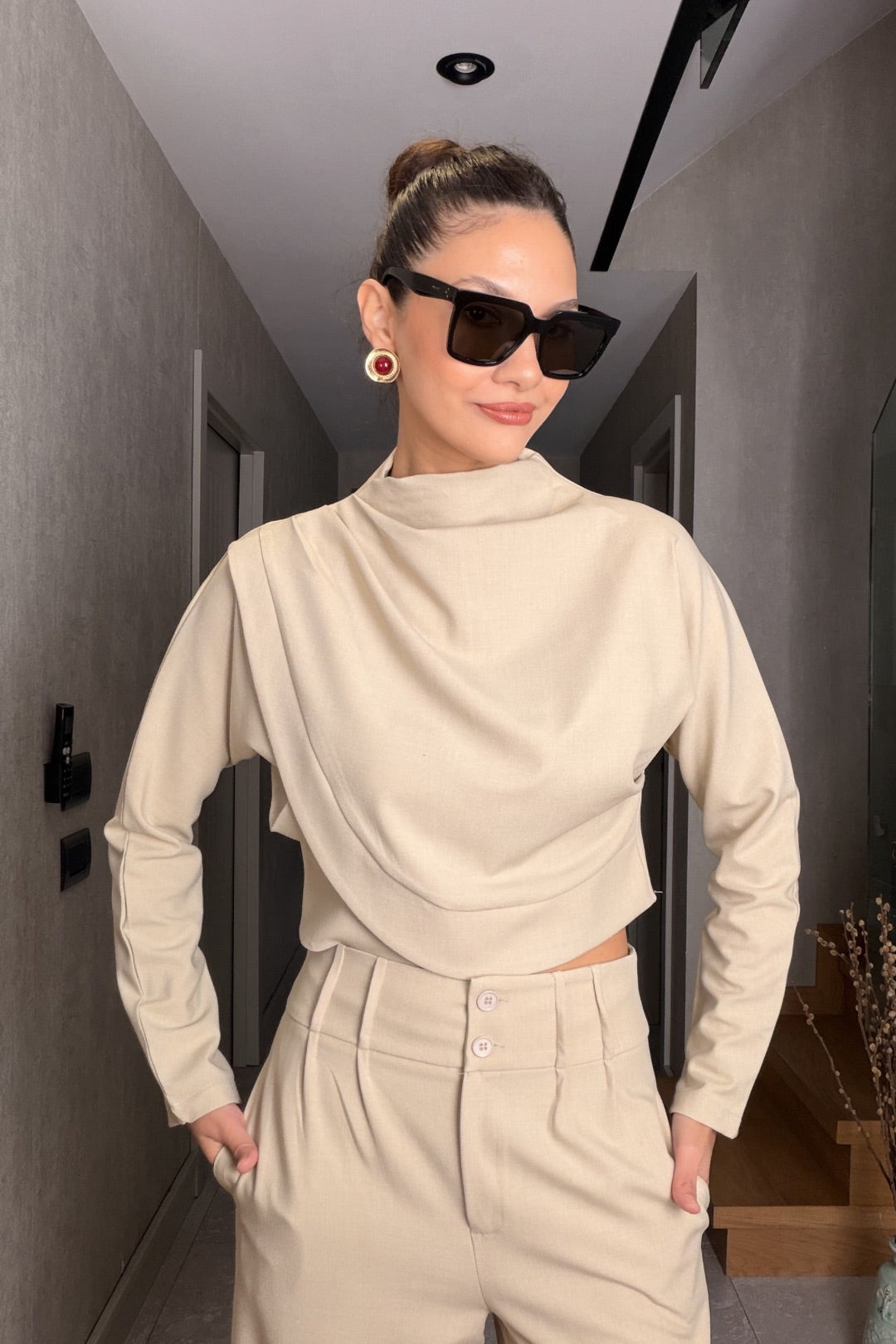 Bej Bluz Pantolon Takım