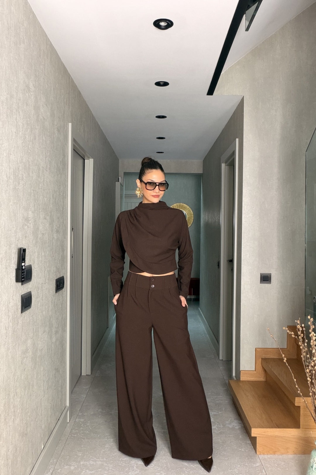 Kahverengi Bluz Pantolon Takım