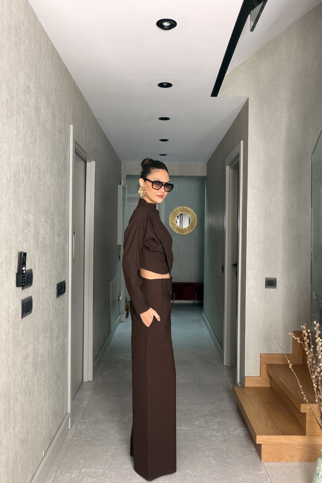 Kahverengi Bluz Pantolon Takım