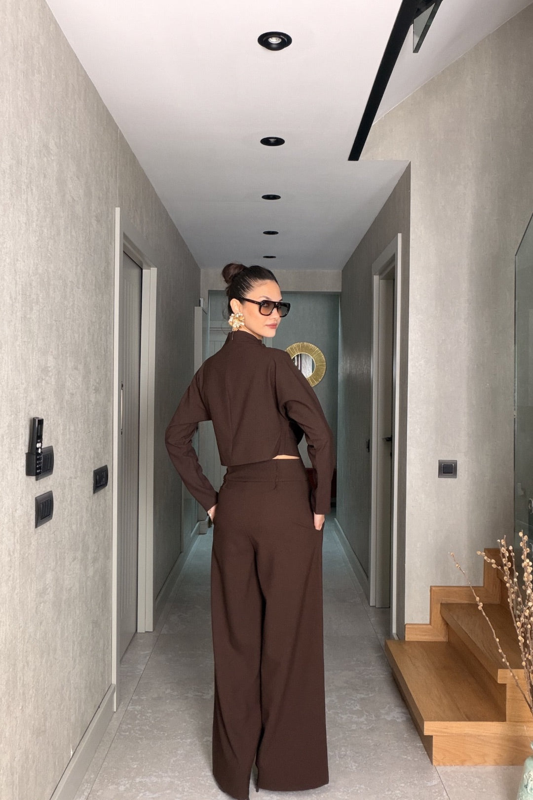 Kahverengi Bluz Pantolon Takım