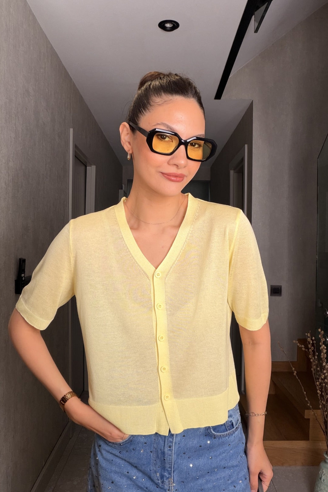 Sarı İnce Triko Hırka