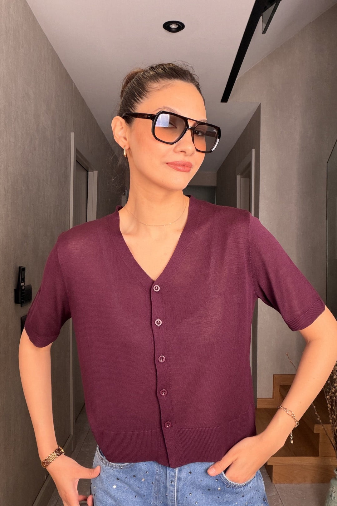 Mürdüm İnce Triko Hırka