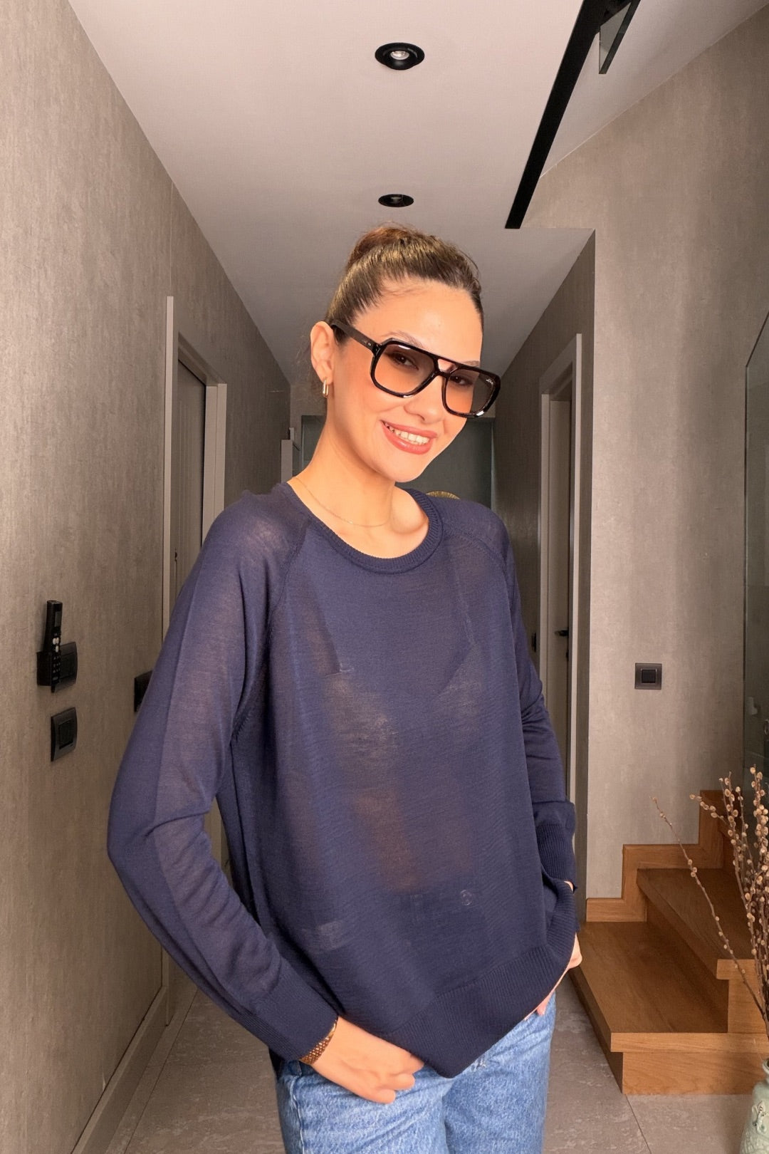 Lacivert Uzun Kollu Merserize Bluz