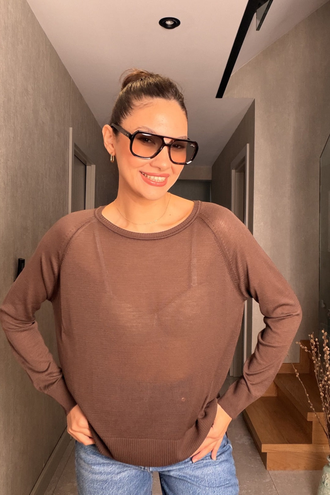 Kahverengi Uzun Kollu Merserize Bluz