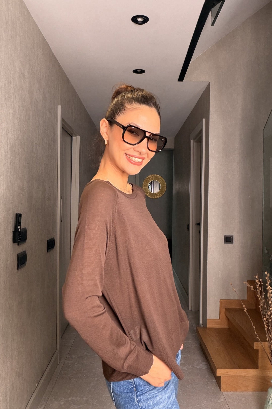 Kahverengi Uzun Kollu Merserize Bluz