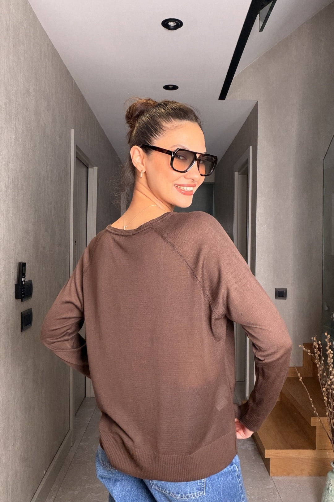 Kahverengi Uzun Kollu Merserize Bluz