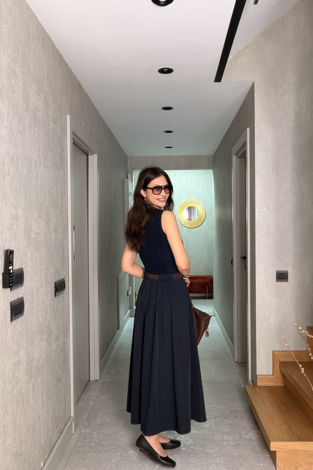 Lacivert Kemerli Paraşüt Etekli Elbise