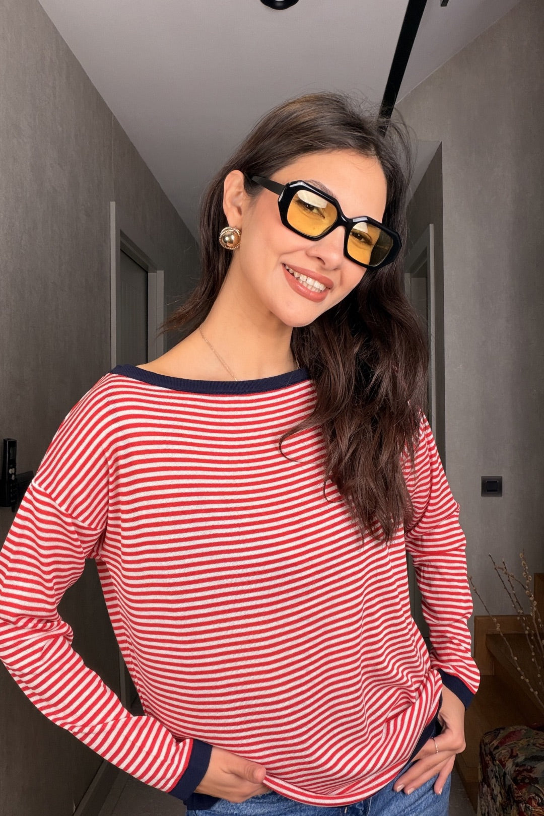 Kırmızı Kayık Yaka İnce Triko