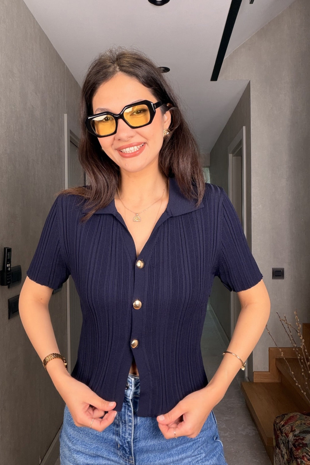 Lacivert Premium Düğmeli Merserize Bluz