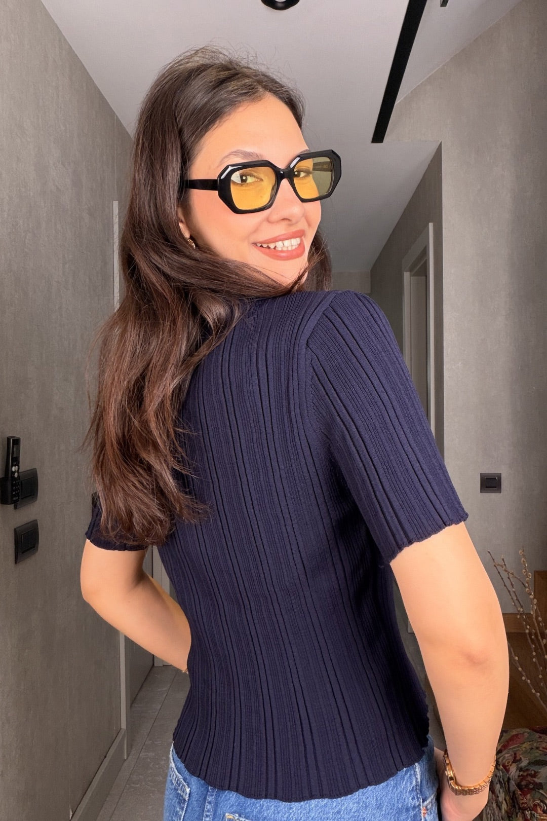 Lacivert Premium Düğmeli Merserize Bluz