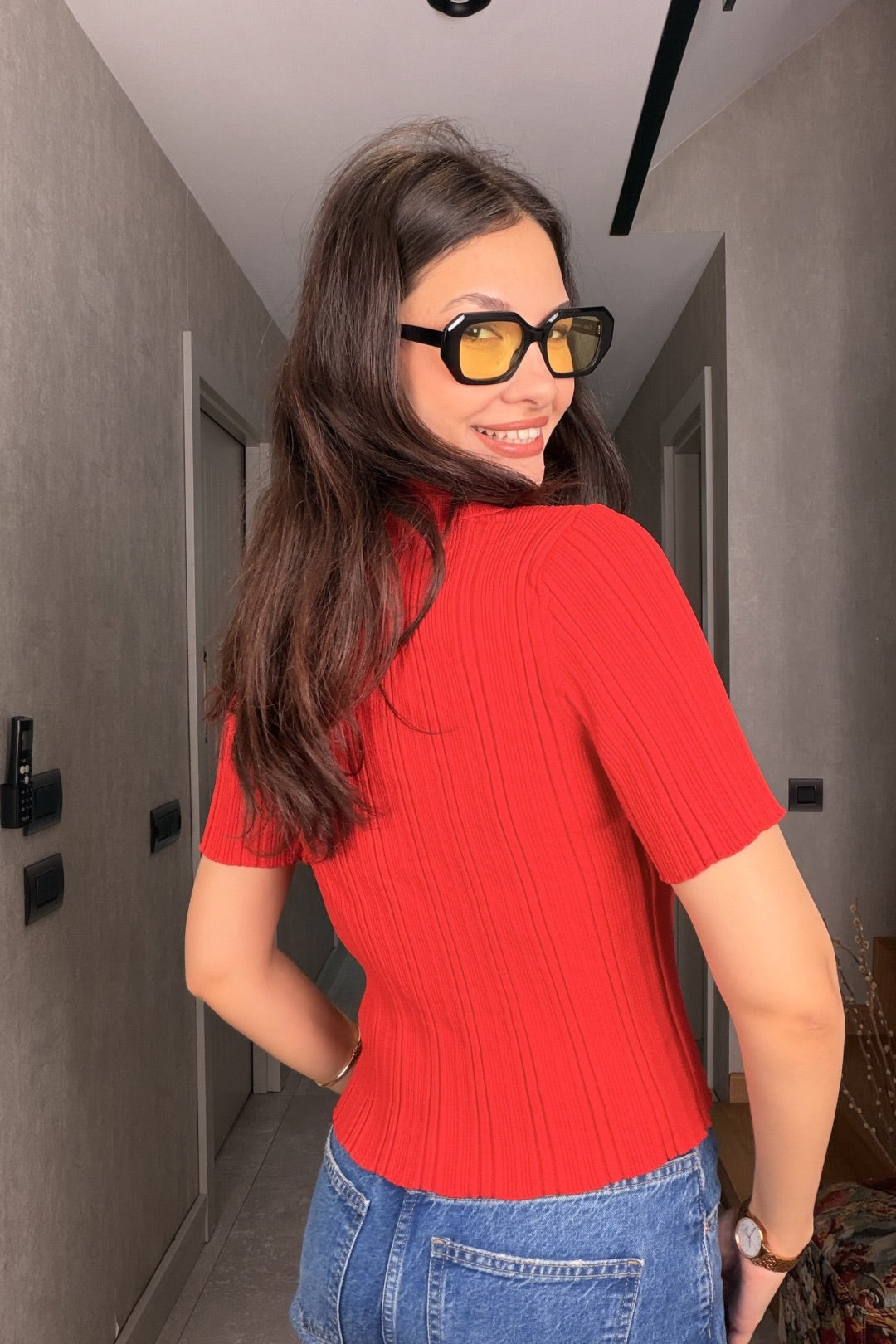 Kırmızı Premium Düğmeli Merserize Bluz