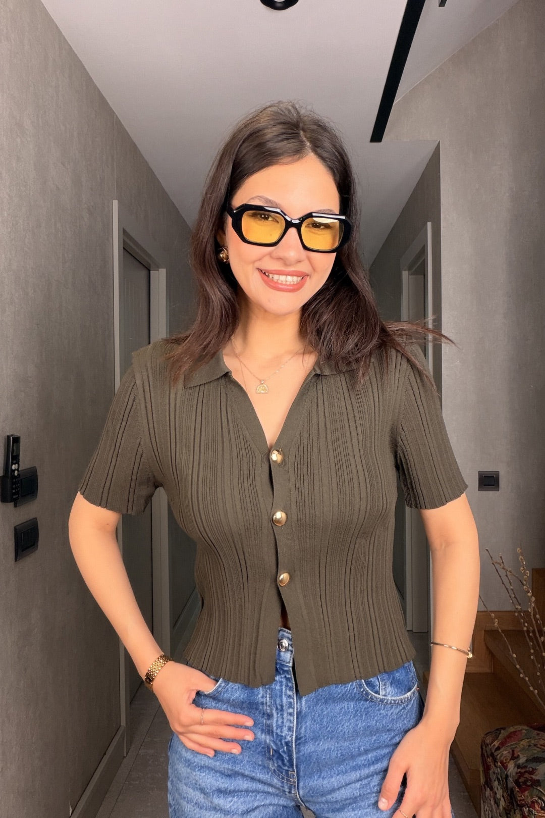 Haki Premium Düğmeli Merserize Bluz