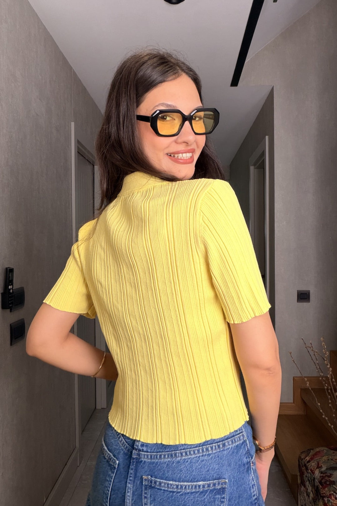 Sarı Premium Düğmeli Merserize Bluz