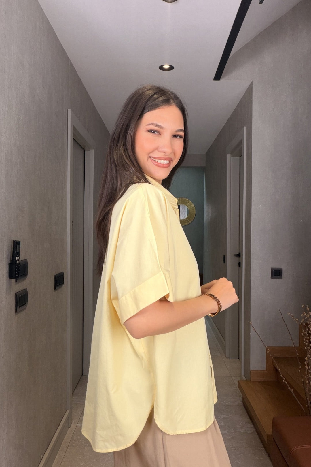 Sarı  Poplin Kısa Kol Gömlek