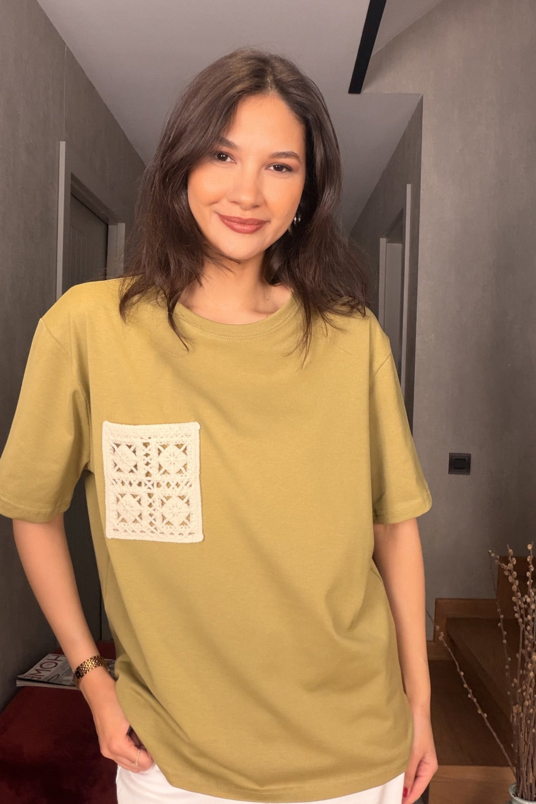 Yeşil Makremeli Cepli Tshirt
