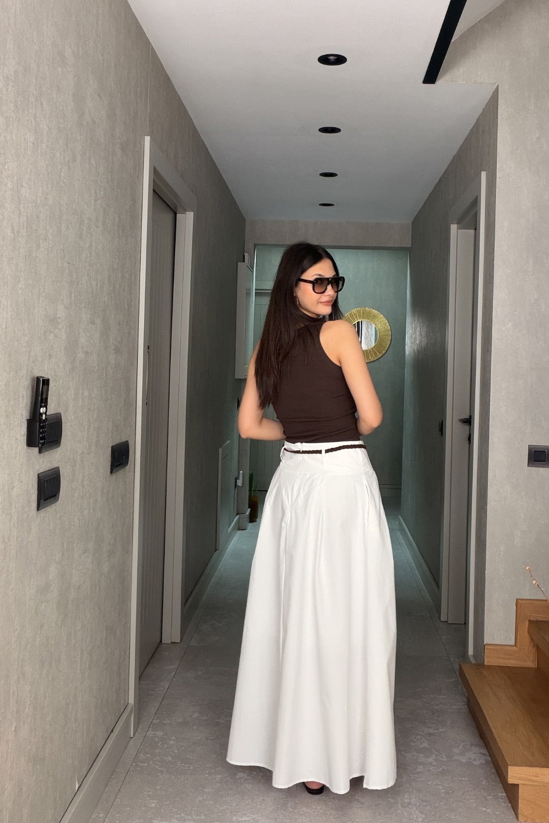 Beyaz Maxi Kemerli Etek