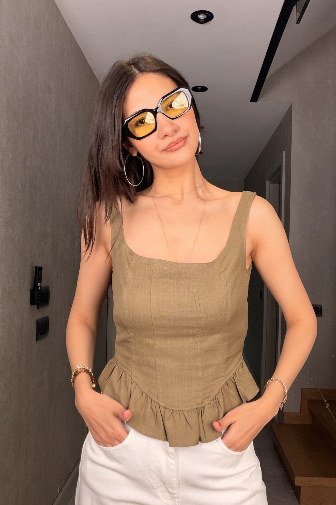 Haki Ayarlanabilir Keten Fırfır Bluz
