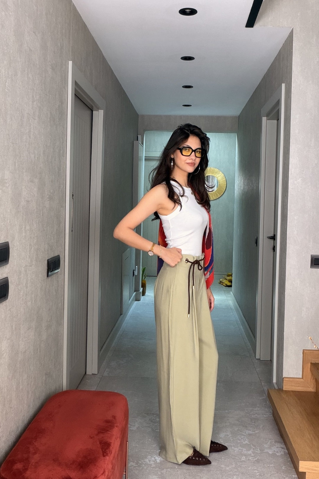 Çağla Yeşili Kuşgözlü Kemerli Tensel Pantolon