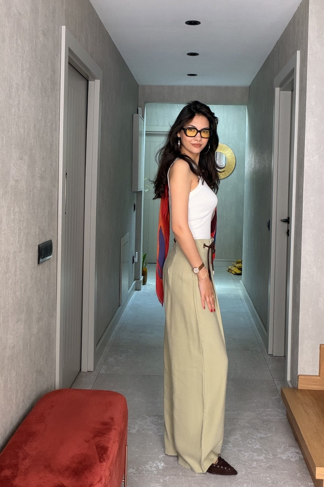 Çağla Yeşili Kuşgözlü Kemerli Tensel Pantolon
