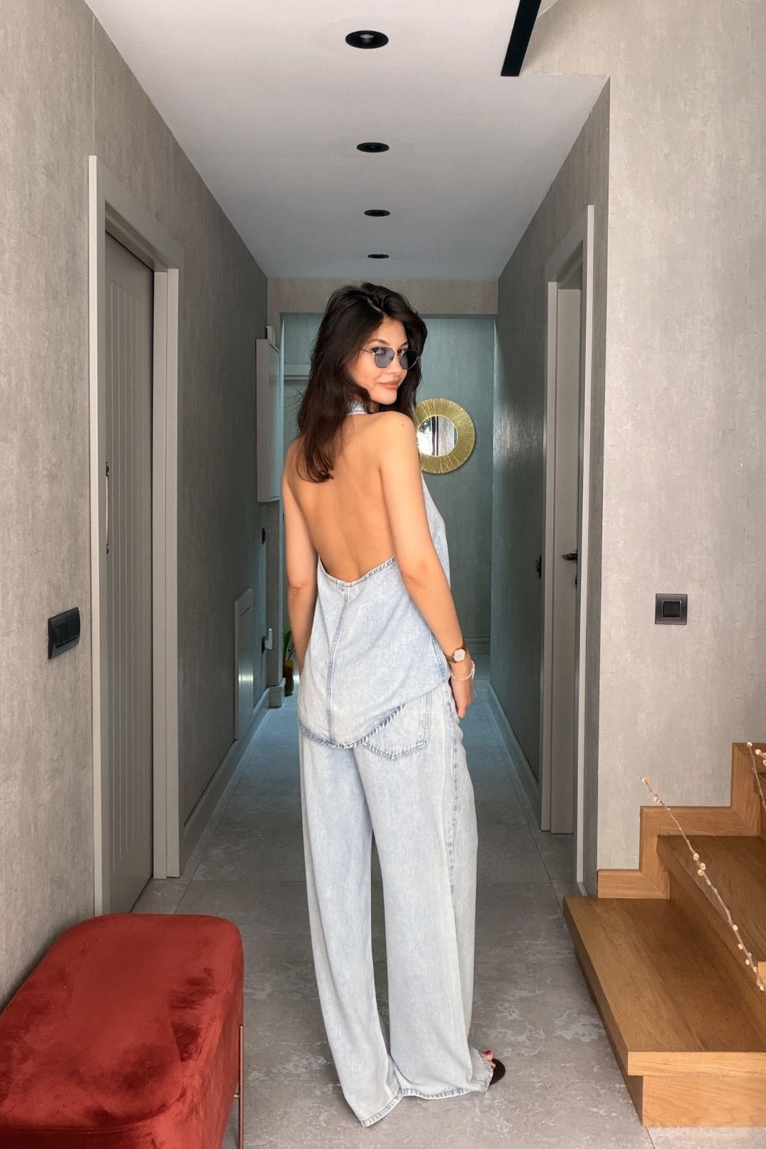 Bebe Mavi Askılı V Yaka Tensel Jean Takım