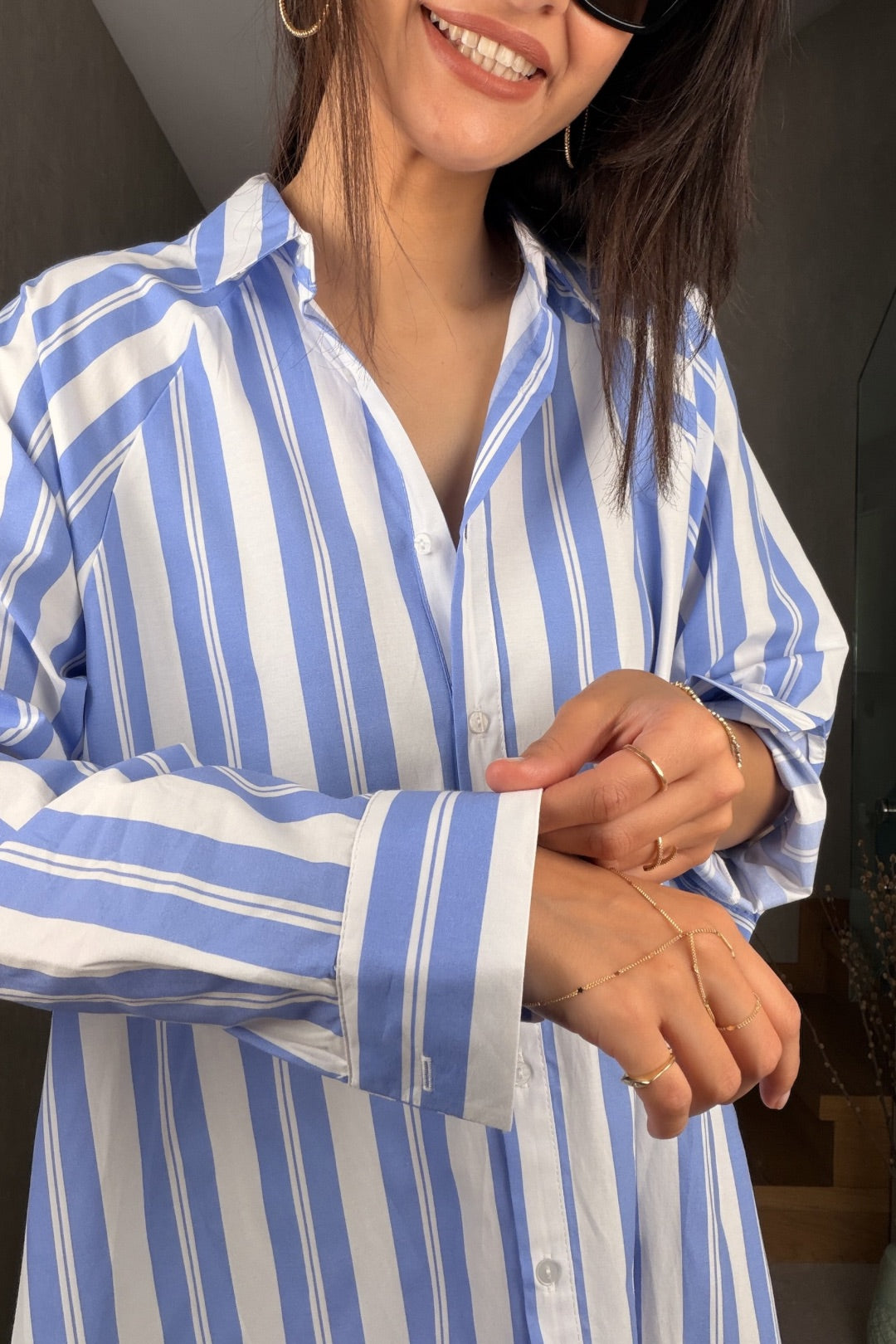 Mavi Beyaz Çizgili Düğme Detay Maxi Elbise