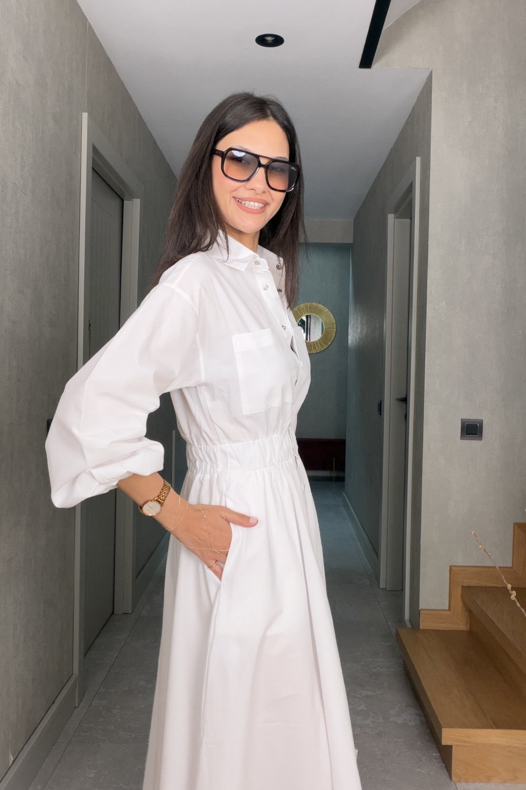 Beyaz Bel Büzgülü Maxi Elbise