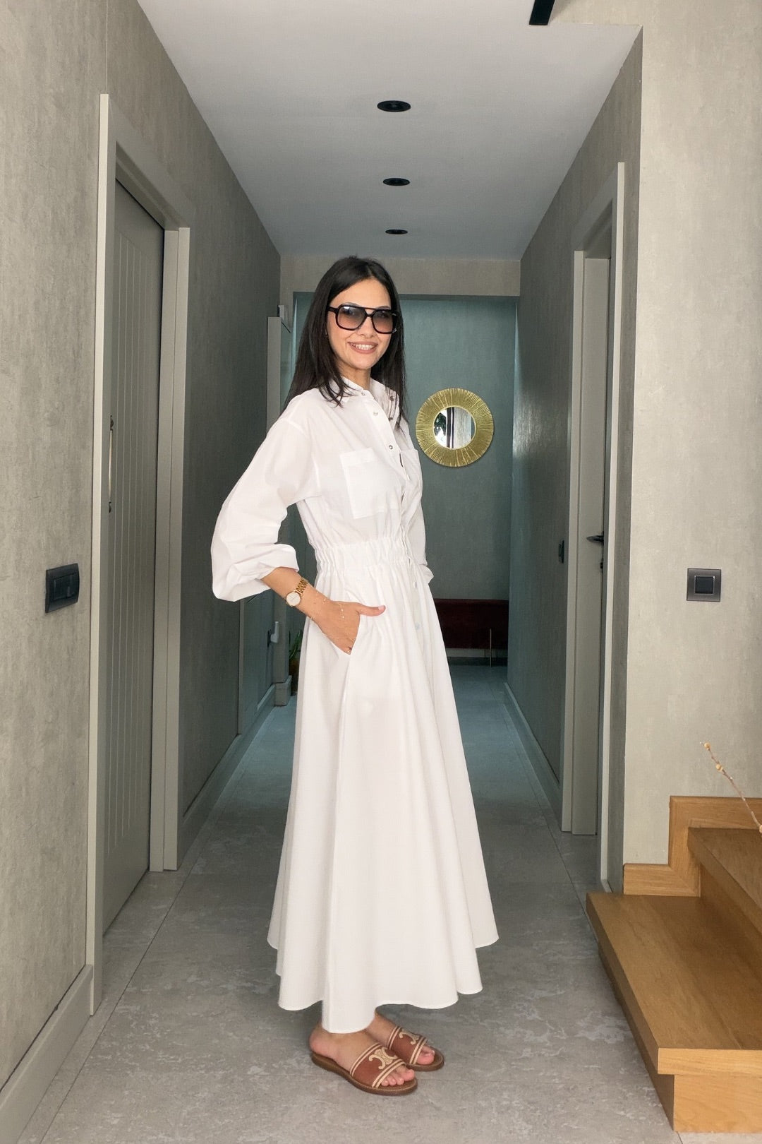 Beyaz Bel Büzgülü Maxi Elbise