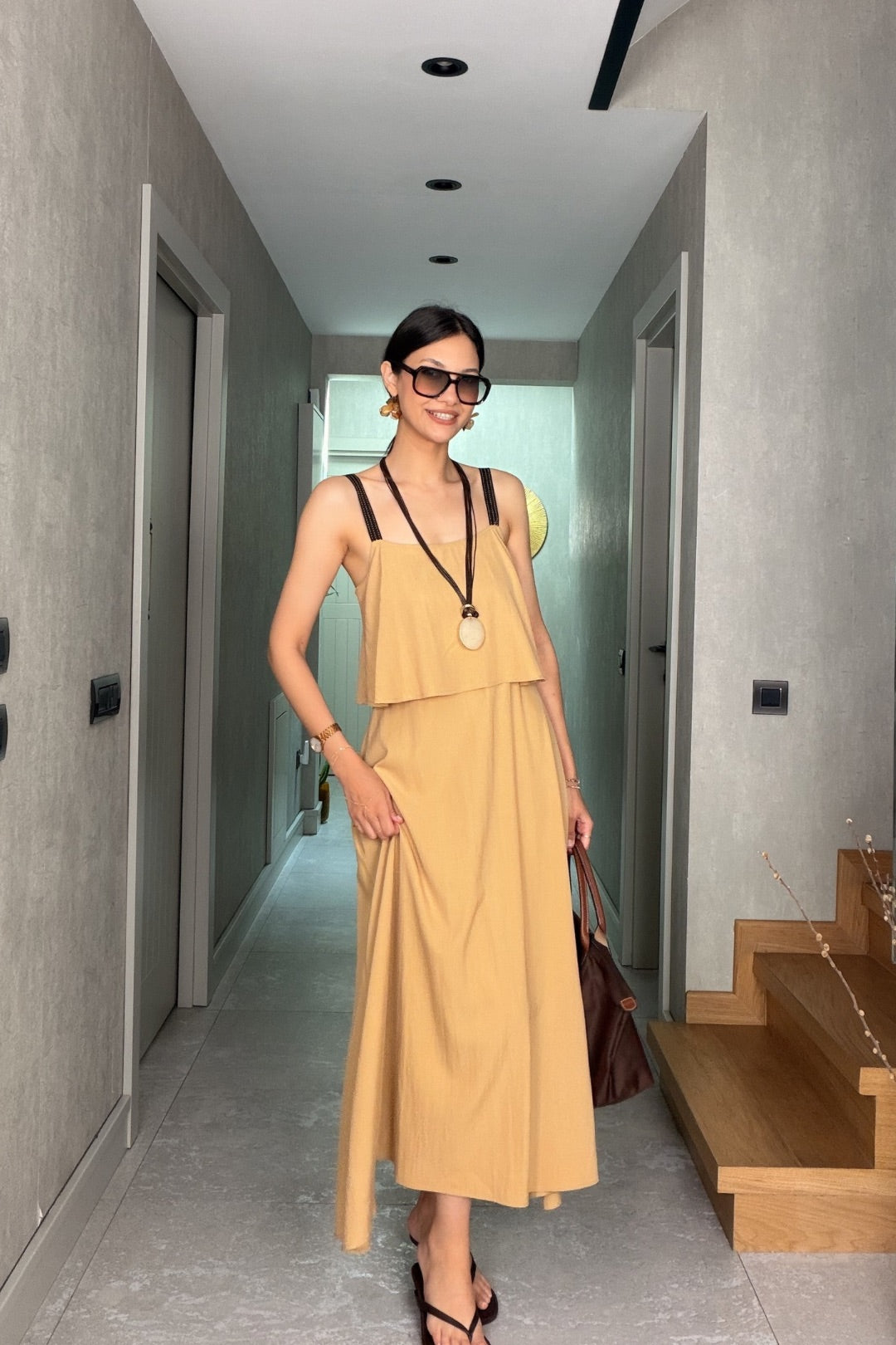 Camel Volanlı Maxi Elbise
