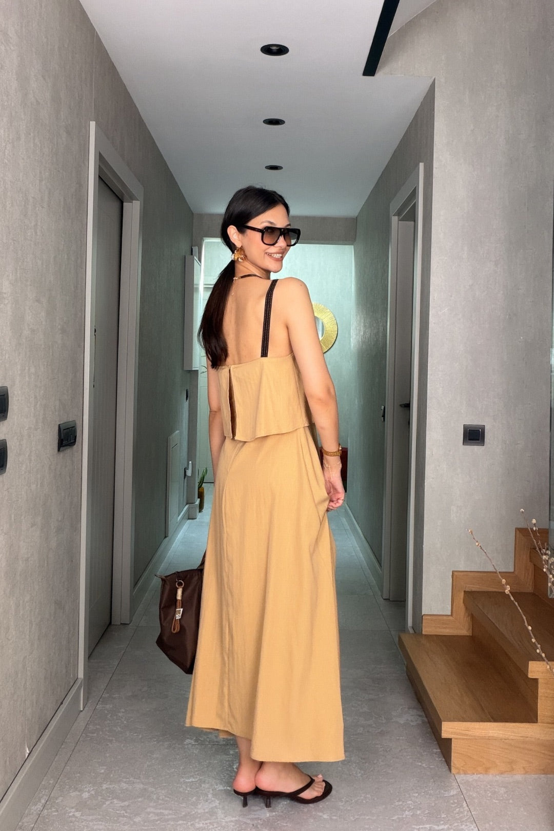 Camel Volanlı Maxi Elbise