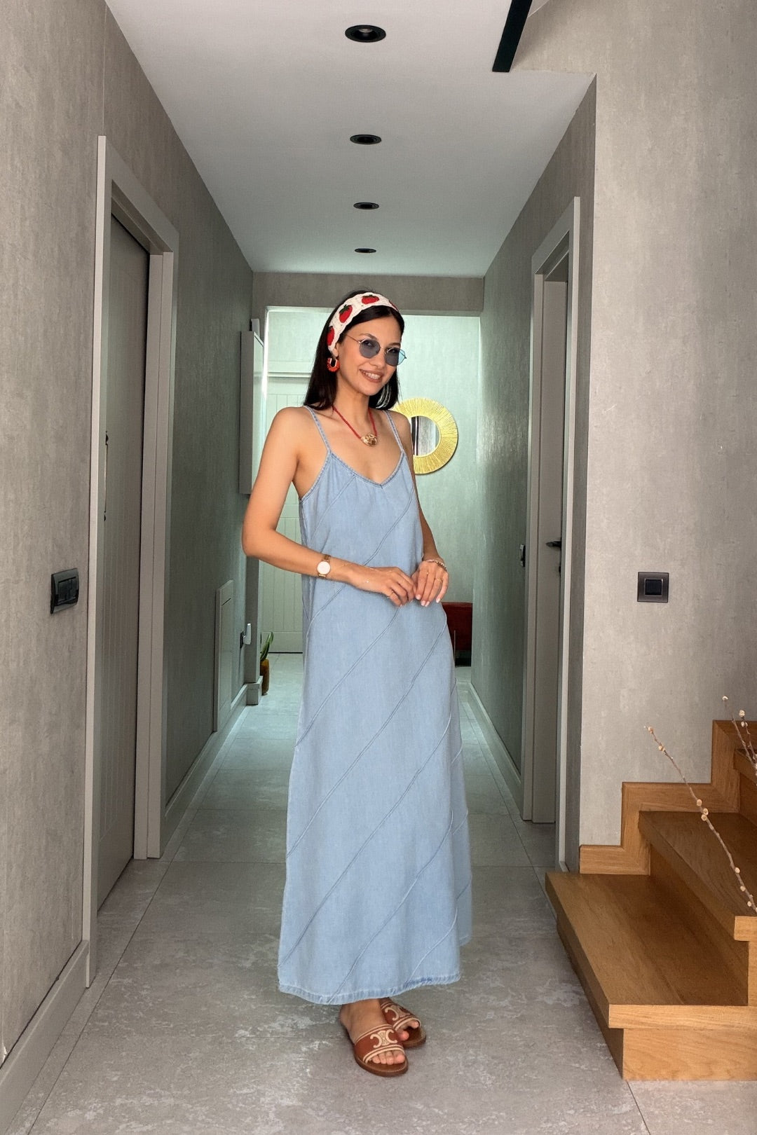 Mavi Askılı Tensel Jean Elbise