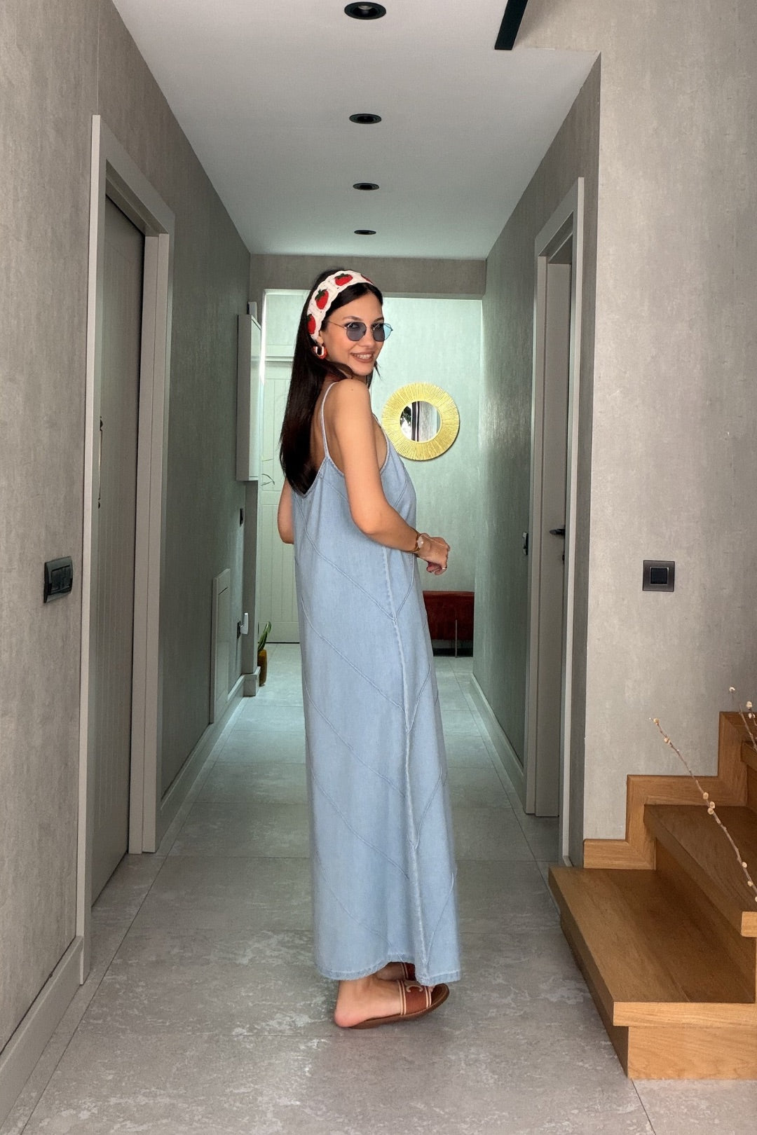 Mavi Askılı Tensel Jean Elbise