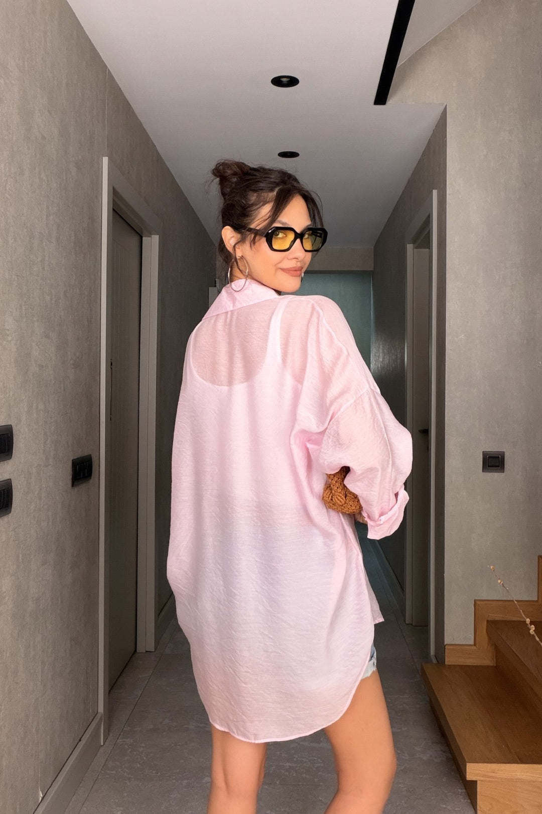 Pembe Tül Modal Maxi Gömlek