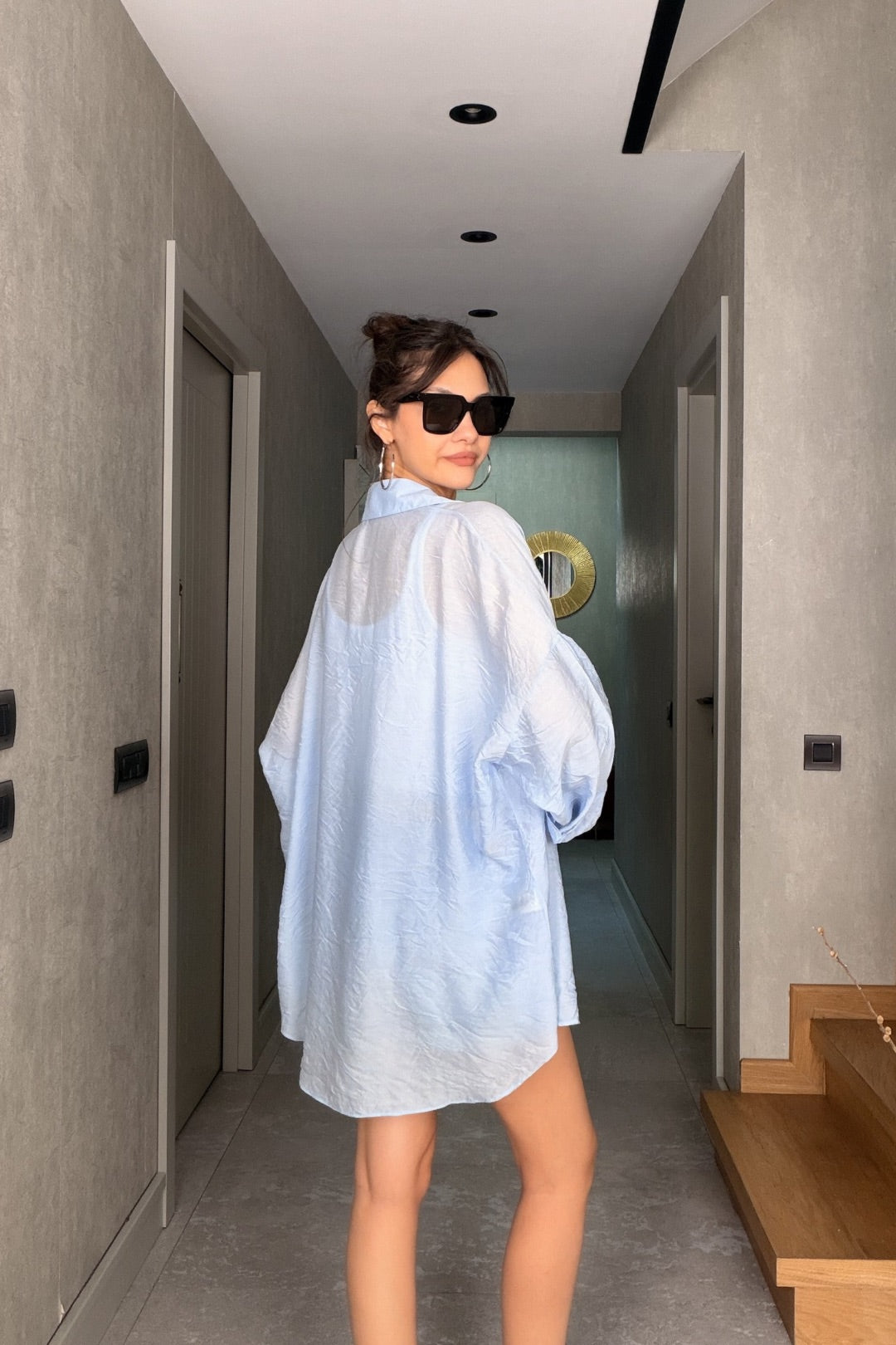 Bebe Mavi Tül Modal Maxi Gömlek