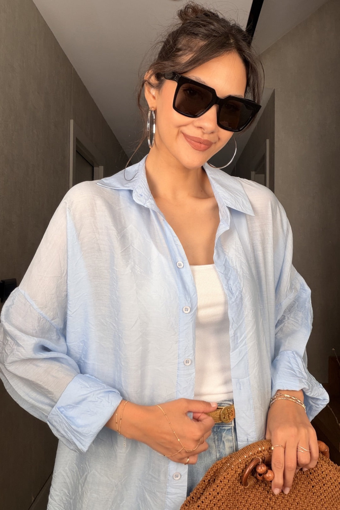 Bebe Mavi Tül Modal Maxi Gömlek