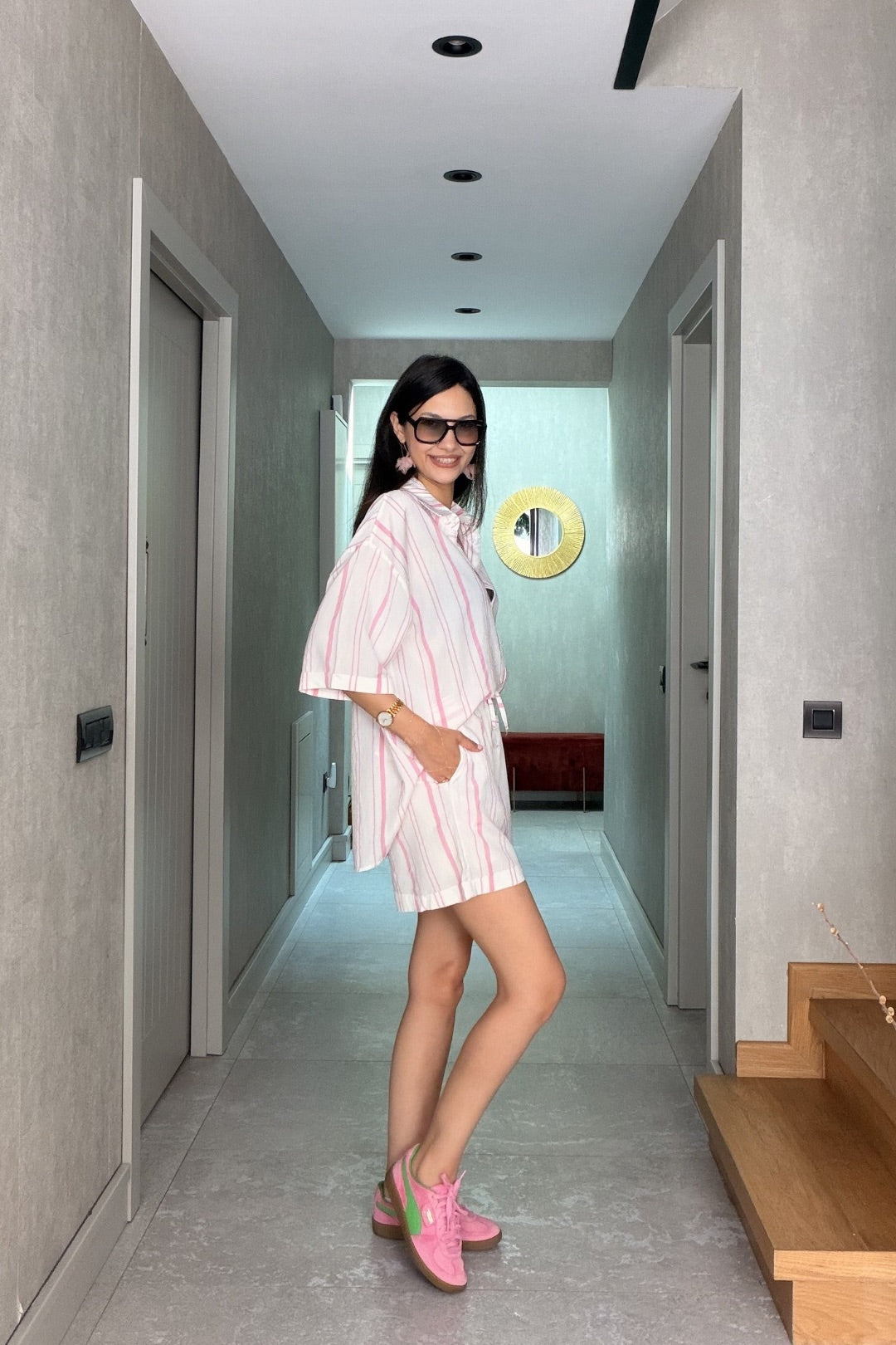 Pembe Çizgili Şort Takım