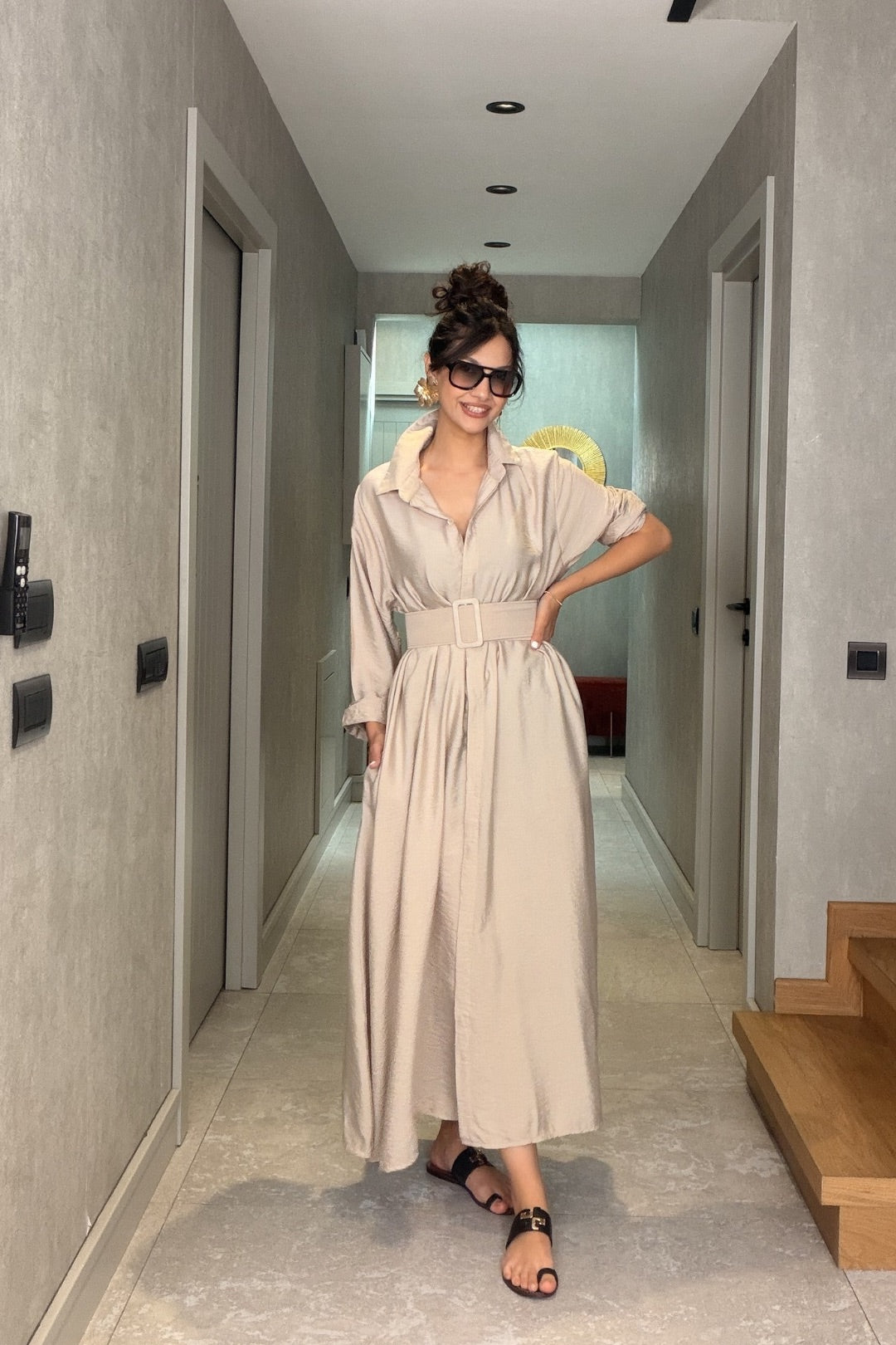 Bej İthal Kemerli Maxi Elbise