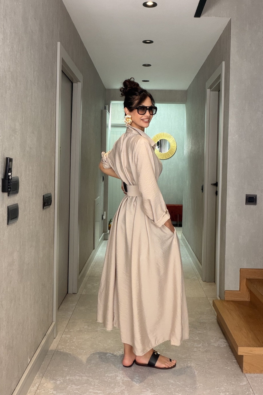 Bej İthal Kemerli Maxi Elbise