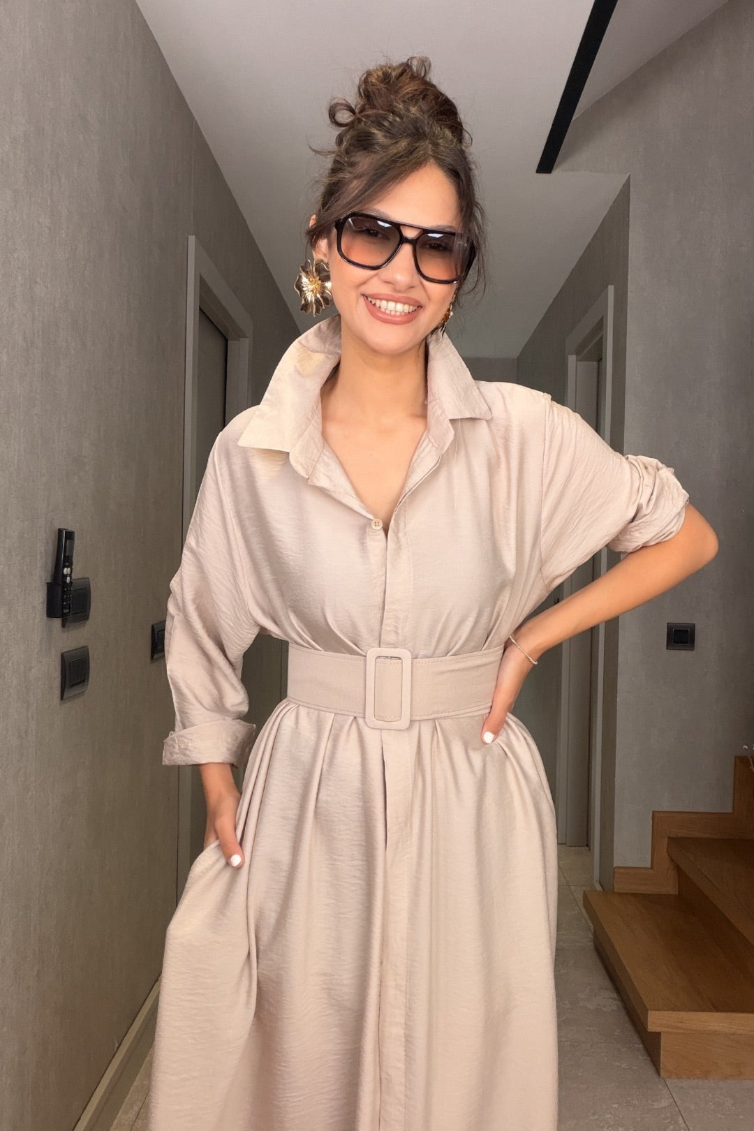 Bej İthal Kemerli Maxi Elbise