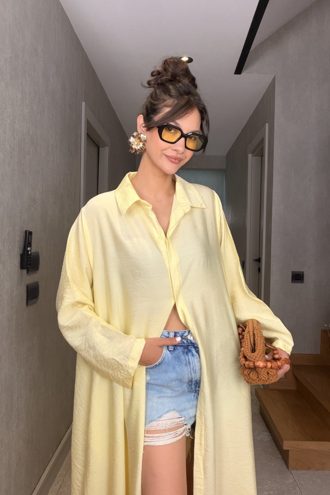 Sarı İthal Kemerli Maxi Elbise