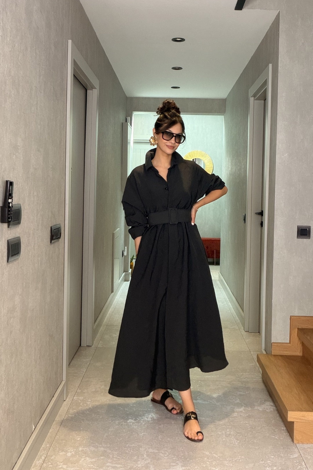 Siyah İthal Kemerli Maxi Elbise