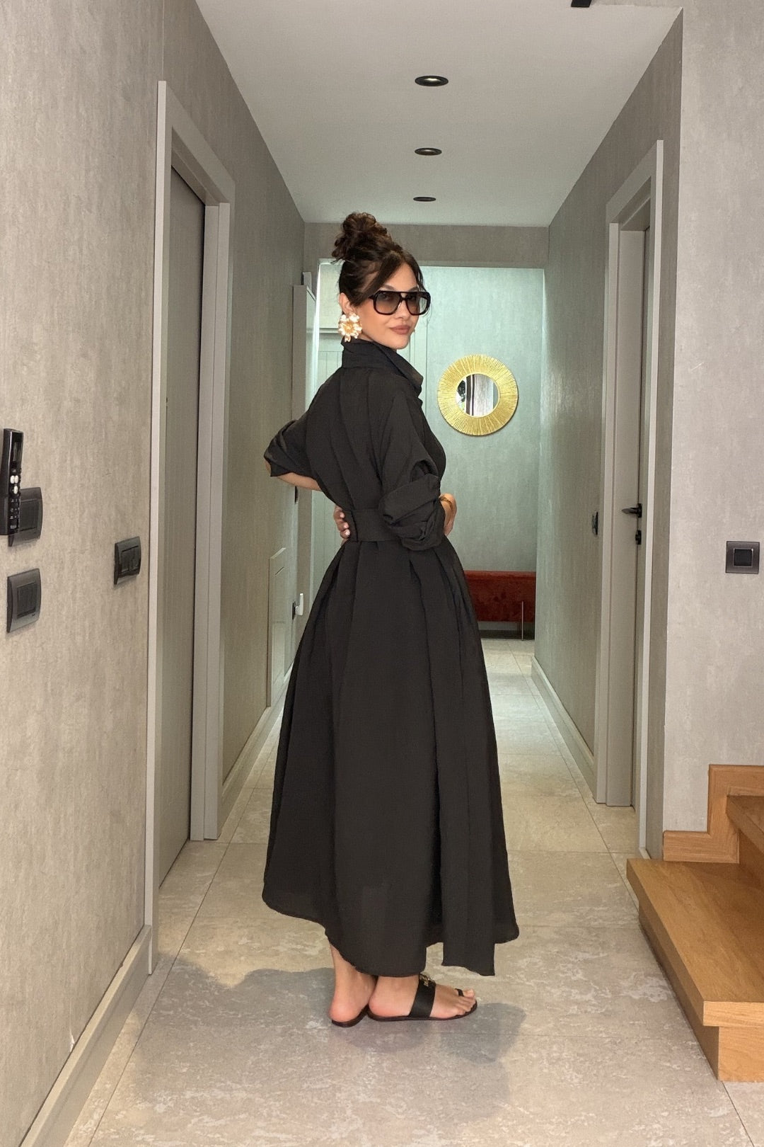 Siyah İthal Kemerli Maxi Elbise